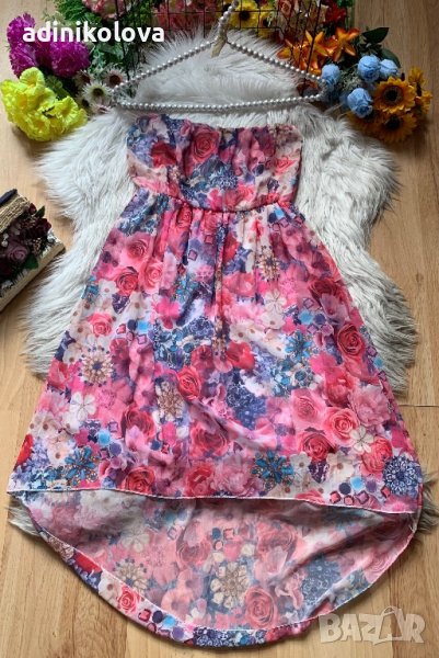 Асиметрична розова рокля на цветя, снимка 1