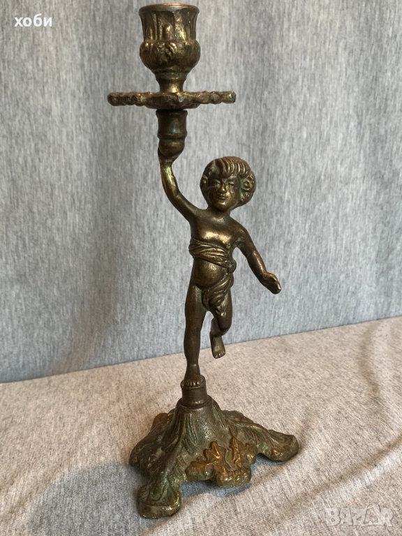  месингов свещник  държач за свещ с ангел, снимка 1