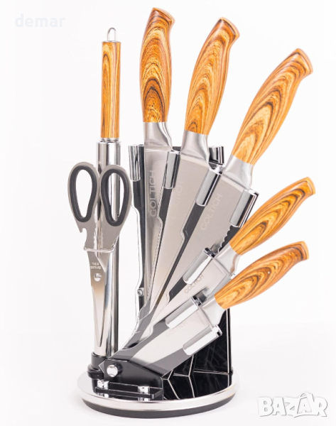 GOLTICH Комплект кухненски ножове от неръждаема стомана 7 части с акрилна въртяща се стойка и точило, снимка 1