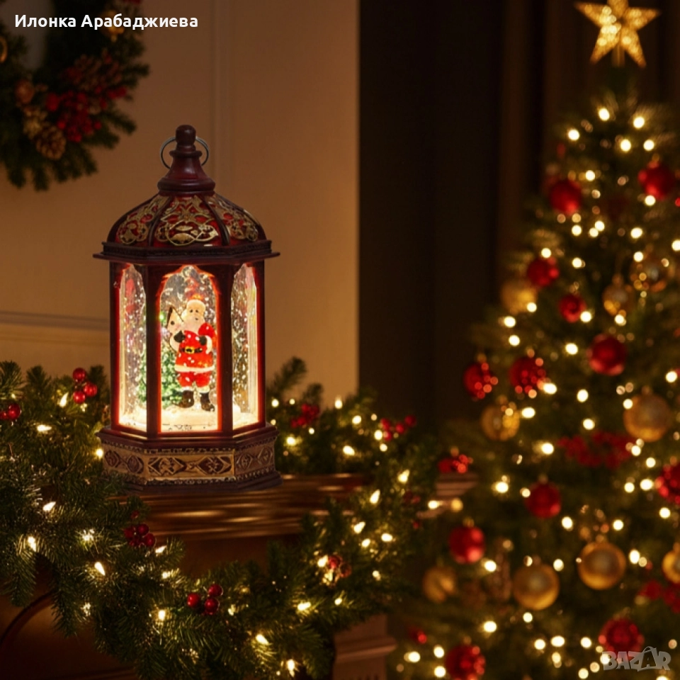 Коледен светещ фенер с въртящ се снежен ефект – уют и коледна магия, снимка 1