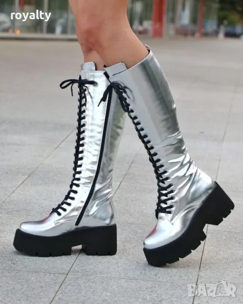 Ботуши на платформа - сребриста кожа с черно ходило, снимка 1