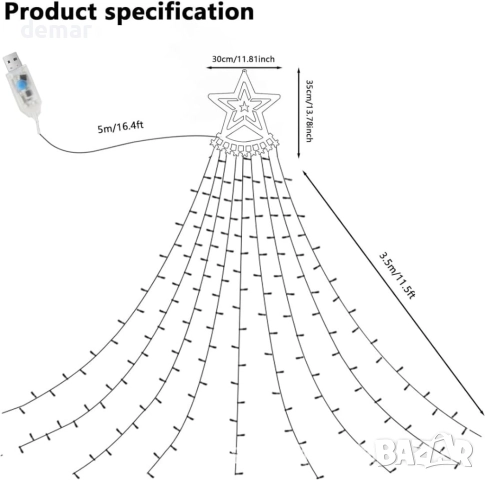 shsyue Коледна украса за елха Водопадни светлини, 3,5 метра, 350 светодиода, 8 режима, топло бяло, снимка 3 - Декорация за дома - 52107045