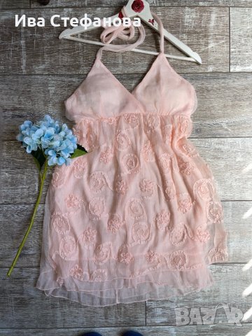 Нежна елегантна ефирна женствена рокля 3Д цветя рокля в прасковен цвят, снимка 9 - Рокли - 41794700