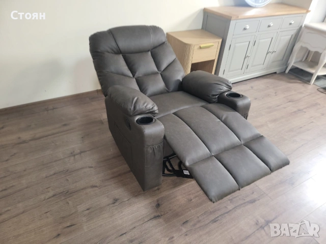 Кафяв кожен фотьойл с ръчен релакс механизъм - изкуствена кожа, снимка 8 - Дивани и мека мебел - 53712297