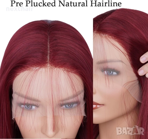 73 см Тъмно червена бургунди бордо права перука с дантела 13x4x1, снимка 6 - Аксесоари за коса - 52383394