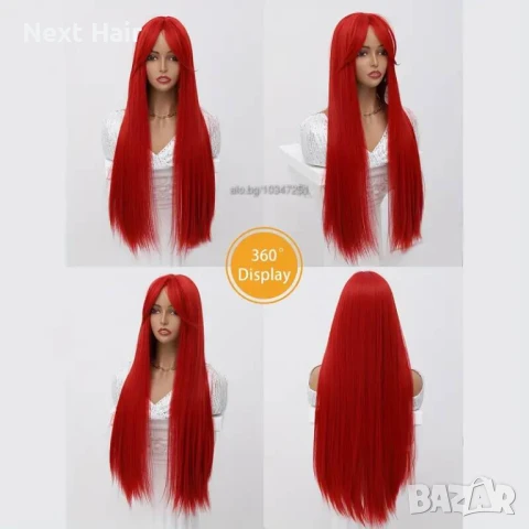 80 см Ярко червена права синтетична перука с дълъг бретон, снимка 3 - Аксесоари за коса - 51058452