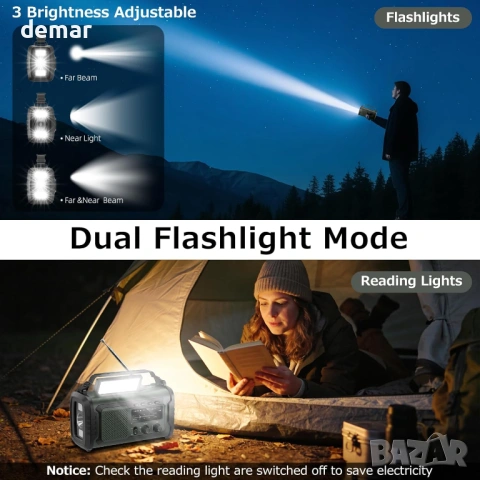 Аварийно радио с акумулаторна батерия 20 000 mAh, AM/FM, снимка 6 - Радиокасетофони, транзистори - 53782196