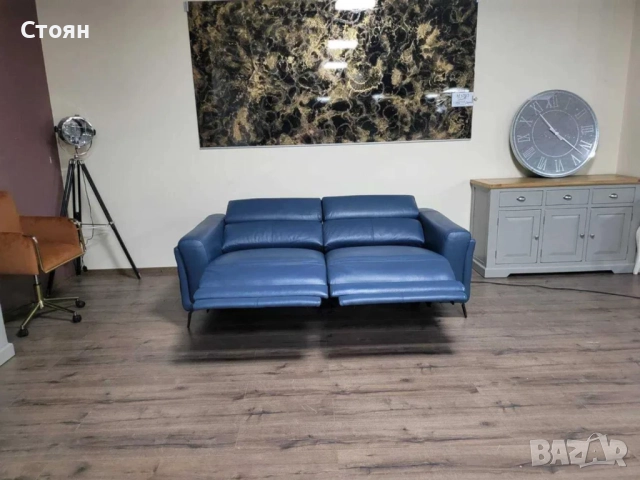 Син кожен диван тройка La-z-boy с електрически релакс механизъм, снимка 11 - Дивани и мека мебел - 51951565