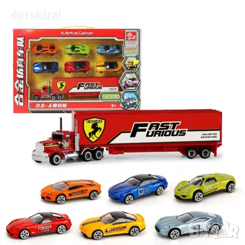 Метален Камион и 6 коли 1:64
