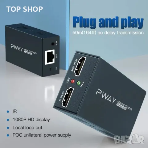 PWAY HDMI удължител 60м с IR/POC функция през Cat5e/6/7 1080P@60Hz,Full HD/3D,Loop Out,EDID, снимка 5 - Кабели и адаптери - 49308681