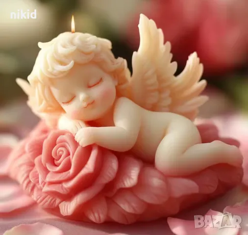 3D Бебе дете лежащо върху цвете роза силиконов молд форма фондан шоколад смола свещ декор , снимка 3 - Форми - 49627196