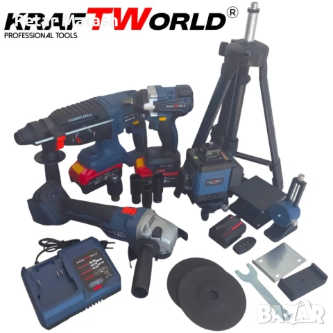 Акумулаторен комплект KraftWorld 5в1 – Лазерен Нивелир, Гайковерт – Винтоверт, Перфоратор, Ъглошлайф, снимка 17 - Винтоверти - 51051114