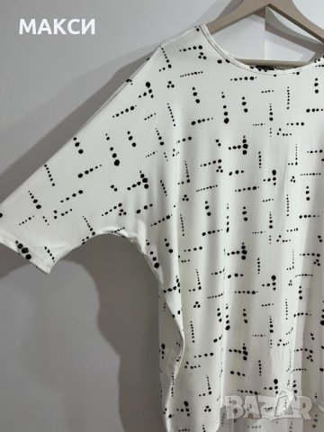 Макси разкошна силно еластична и мека дълга туника с удължен гръб в бяло на черни точки, снимка 2 - Туники - 41910775