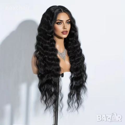 Черна вълнообразна синтетична перука 95 см, снимка 4 - Аксесоари за коса - 53541539