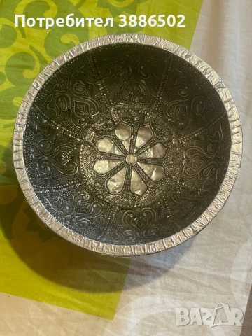 Ръчно изработена декоративна купа от дърво с метална облицовка (не се влияе от магнит), снимка 2 - Антикварни и старинни предмети - 50856346