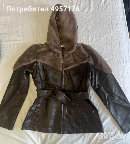 Дамско кожено яке с пухкава качулка и подплата
