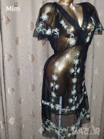 WATCHER L Черна  рокля мрежа с флорална бродерия , снимка 4 - Рокли - 42308116