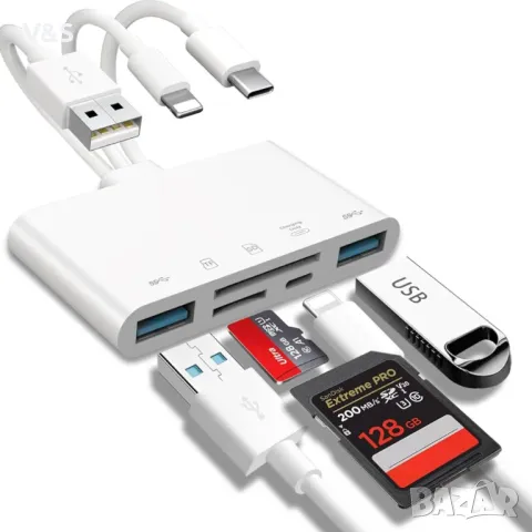 Четец на карти с памет 5 в 1, USB OTG адаптер и четец на SD карти за iPhone/iPad, USB C и USB A 