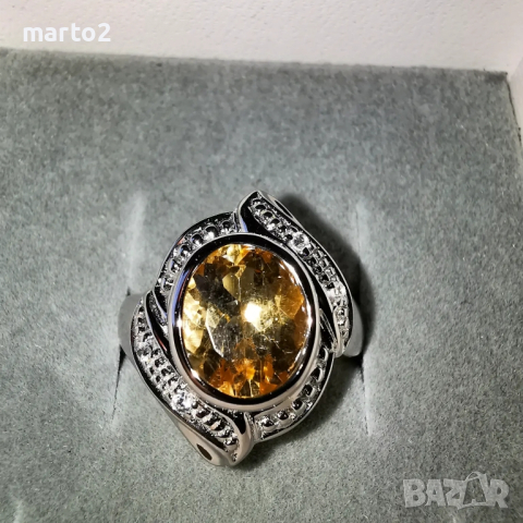 Елегантен сребърен 925 пръстен с родиево покритие и Натурален Цитрин и Циркони!, снимка 4 - Пръстени - 44632370