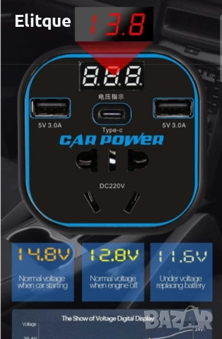 Инвертор преобразувател за захранване,адаптер за зарядно за кола с 3.0A двоен USB и Type-C,12V/24V к, снимка 6 - Друга електроника - 52832226