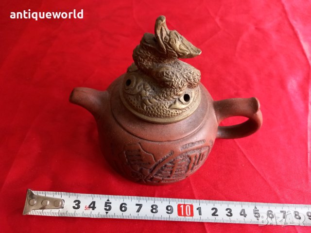 Много Рядък Стар Глинен Китайски Съд Yixing  с Бронзов Капак, снимка 7 - Антикварни и старинни предмети - 44413818