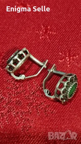 Сребърни обеци проба 925, модел с марказит и изумрудено зелен цирконий, снимка 4 - Обеци - 49945268
