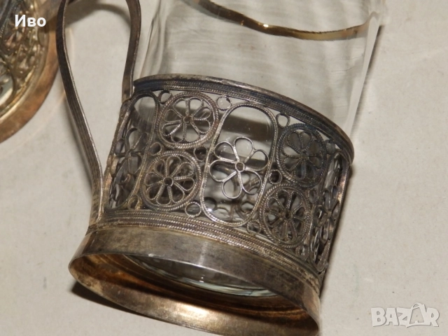 Руски посребрени подстакани филигран с оригинални чаши, снимка 7 - Антикварни и старинни предмети - 52533769