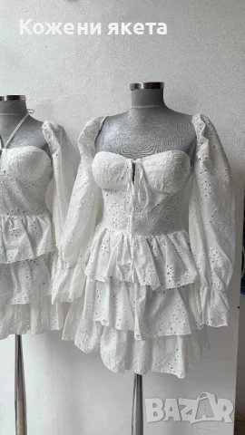 Бяла памучна рокля с бродерия и ръкав, снимка 5 - Рокли - 50902446