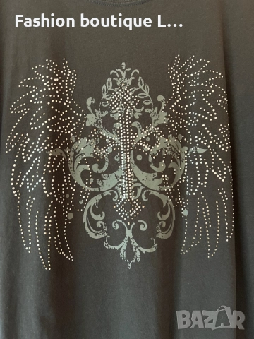 Сива дамска тениска с блестящи сребърни камъчета 100% памук L размер с кръст и крила 🩶🩶🩶, снимка 3 - Тениски - 51796716