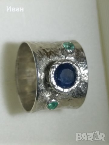 Пръстен сребро, Сапфир, Смарагди, снимка 2 - Пръстени - 40386996