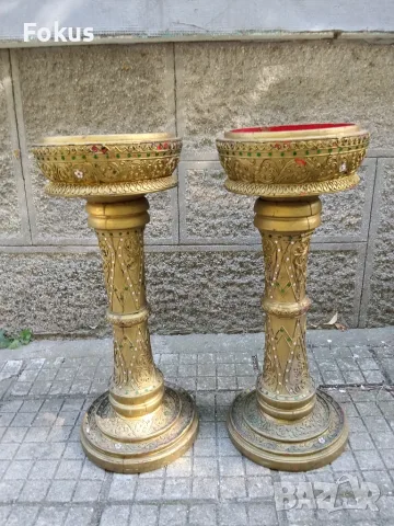 Два стари декоративни дървени свещника саксии кашпи уникални, снимка 2 - Декорация за дома - 55981752