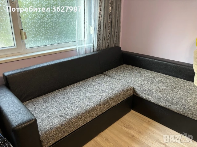 Разтегателен ъглов диван от естествена кожа и дамаска меланж, с ракла, снимка 2 - Дивани и мека мебел - 51197882