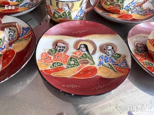 Сервиз от 5 сета за късо кафе стил Сатсума, ръчно рисувани, снимка 4 - Антикварни и старинни предмети - 49506677