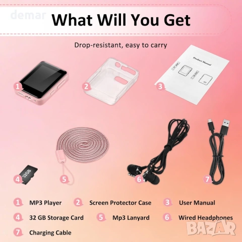 MP3 плейър с Bluetooth, 1.8" музикален плейър с тъчскрийн, 32GB карта, слушалки, розов, снимка 8 - MP3 и MP4 плеъри - 53606192