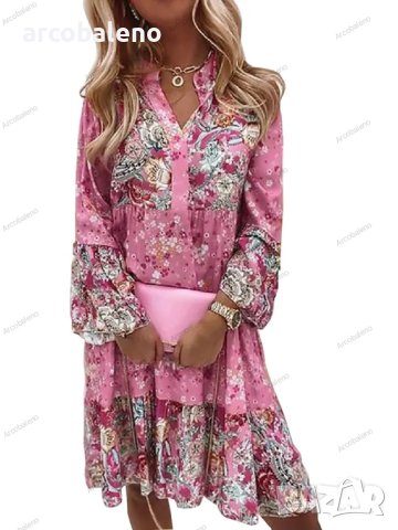 Дамска мини рокля с V-образно деколте и щампована флорална мозайка с дълги ръкави, 3цвята, снимка 3 - Рокли - 41244682