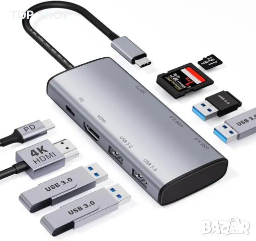 CreaBivotion USB C хъб, 8 в 1 адаптер, докинг станция за лаптоп с HDMI, SD/TF, 4 USB 3.0 порта, снимка 3 - Кабели и адаптери - 49451750