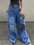 Дамски дънки с много джобове, цип, изпъстрени дънки с прави и широки крачоли , снимка 5