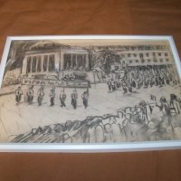 Манифестация пред мавзолея, стара соц рисунка с молив, снимка 3 - Картини - 38817112