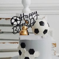 Happy Birthday ФУТБОЛНА ТОПКА футбол игрище черен твърд акрил топер украса за торта, снимка 2 - Други - 33102918