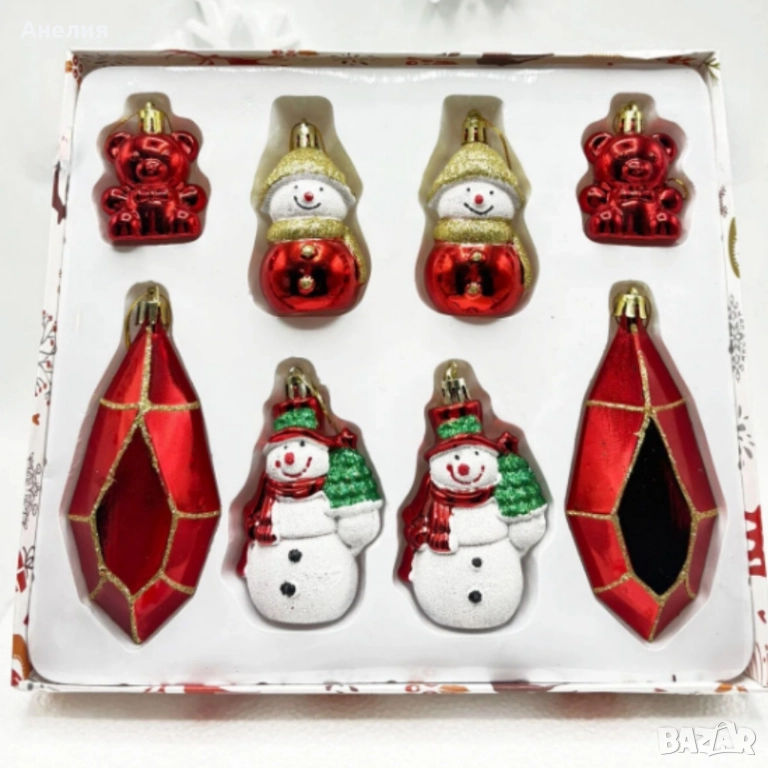 Коледен комплект за украса 8 бр червени и бели висулки, снимка 1