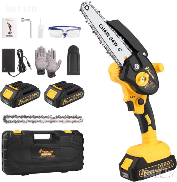 Мини Верижен трион Pomarks с батерия 6 инча безчетков мотор трион за рязане на клони градински инстр, снимка 1