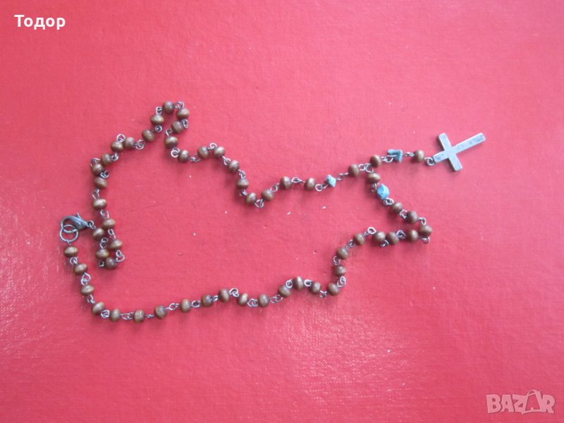 Невероятна дървена броеница гердан с кръст и тюркоази, снимка 1