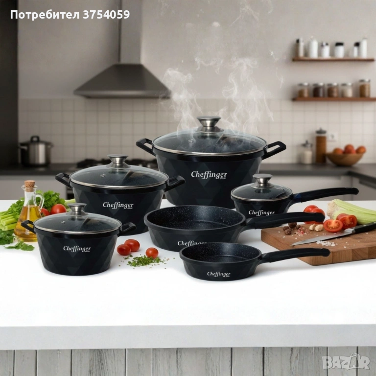 Премиум комплект съдове за готвене 12 части с мраморно покритие Cheffinger– Тенджери, тигани и касер, снимка 1