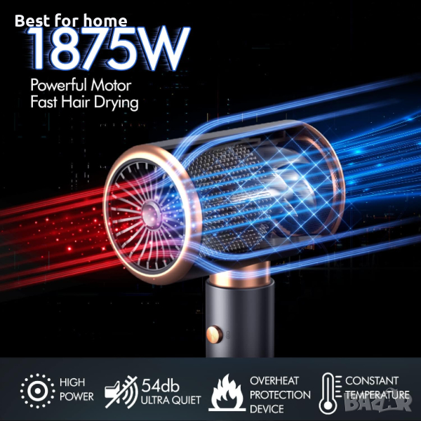 Преносим йонен сешоар с дифузер и концентрирана пръскаща глава,Бързо изсъхване,сив+златен акцент, снимка 1