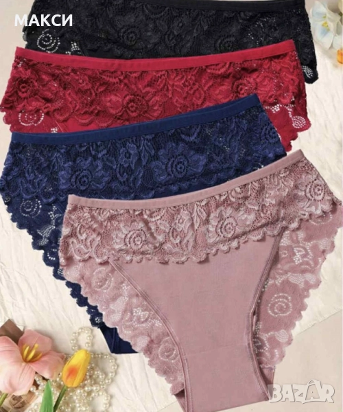 Макси луксозен комплект от 4 бр. силно еластични и меки бикини с красива флорална дантела в черно, т, снимка 1