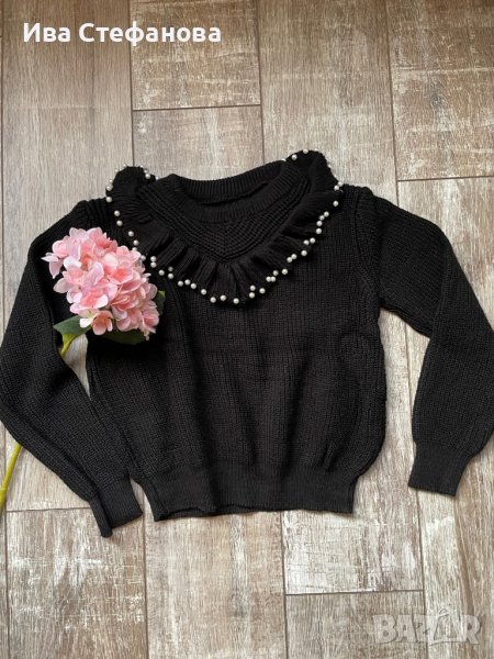 Кокетен елегантен  черен пуловер с перли , снимка 1