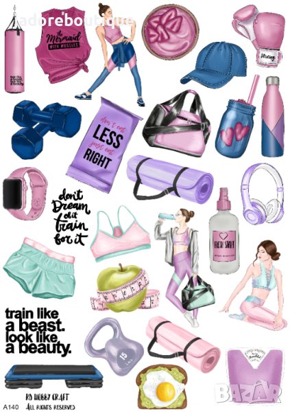 Скрапбук стикери за декорация планер Фитнес самозалепващ лист А5, снимка 1