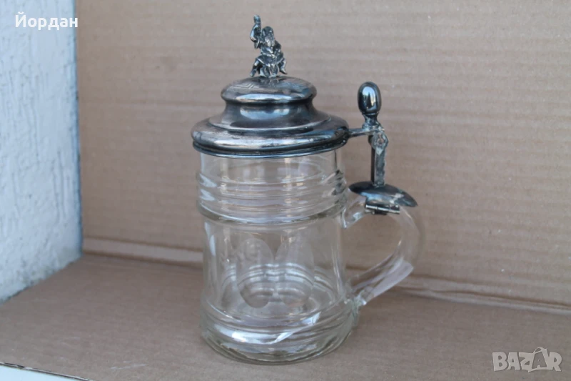 Немска кристална халба за бира с посребрена капачка, снимка 1