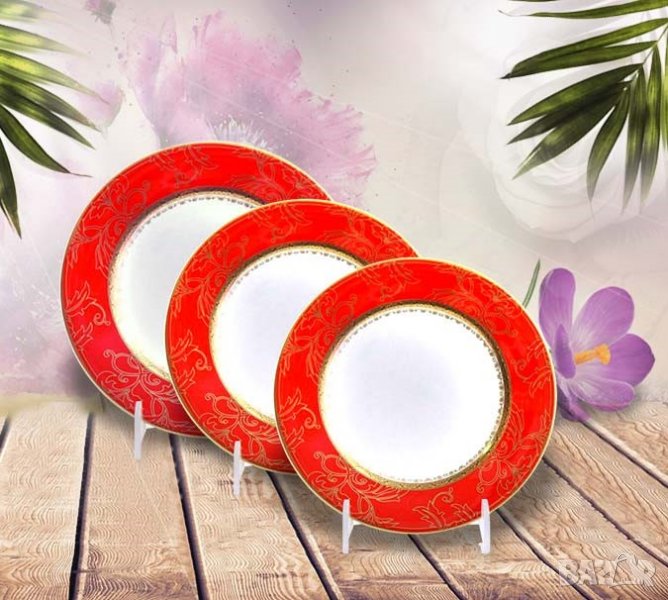 Червен сервиз за хранене от иновативен, костен порцелан за съдомиялна машина, снимка 1