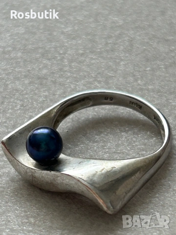 Марков сребърен пръстен с натурална черна перла , снимка 2 - Пръстени - 53260288